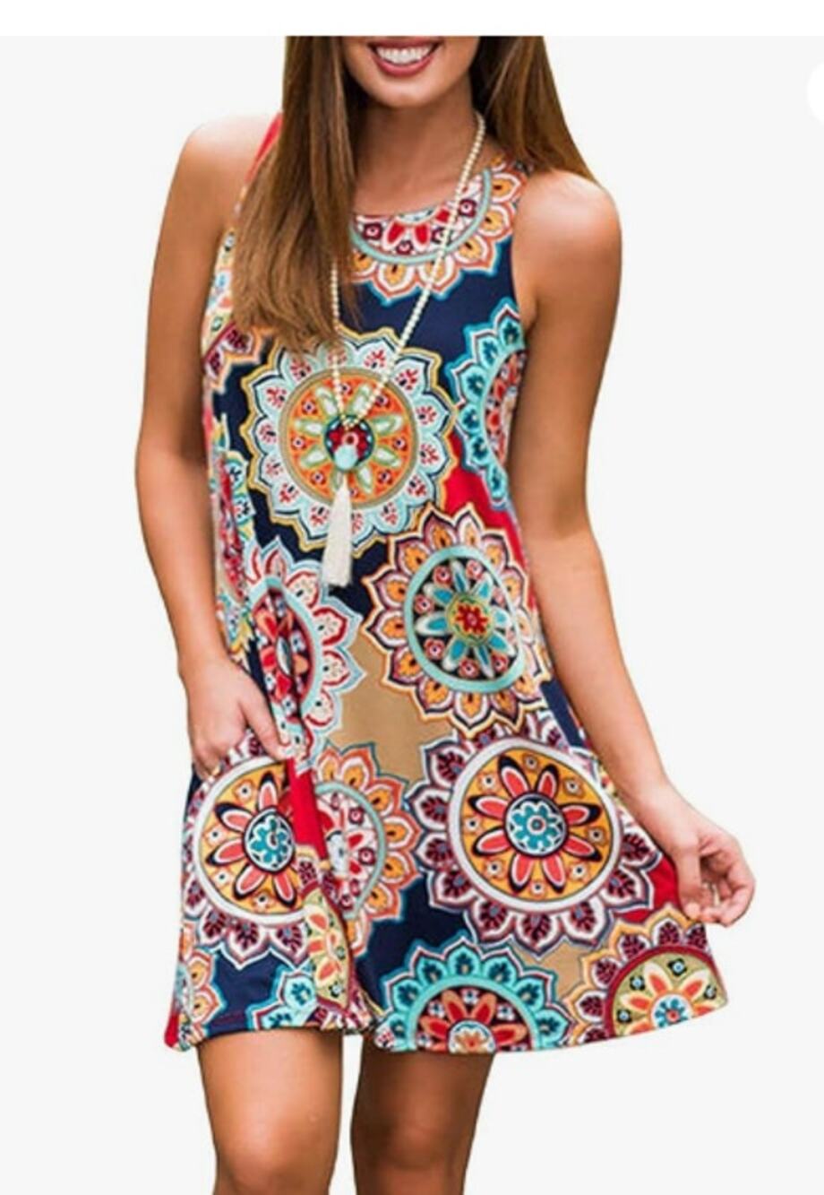 Colorful Boho Mandala Print Swing Dress - Size M